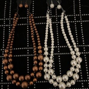 Elegant Brown and White Beaded Necklace Set